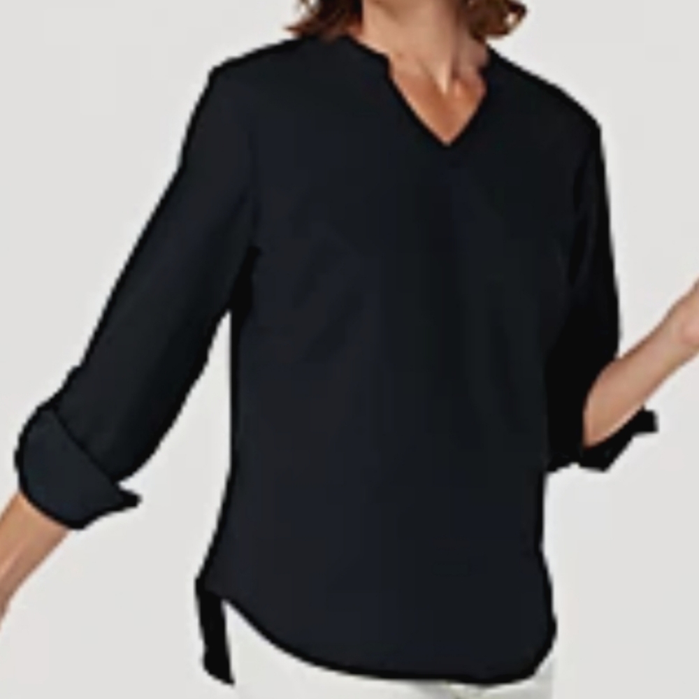 Elizabeth & Clarke Woven Top With Roll Cuff Black Classic Chic Transitional